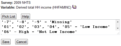 Variable Categories for HHFAMINC